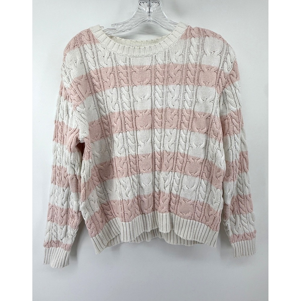 Liz Claiborne Lizgolf Pink Cream Striped Cable Knit Cotton Sweater Womens M
